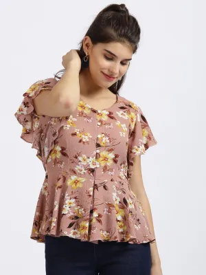 Pink Floral Print Peplum Top