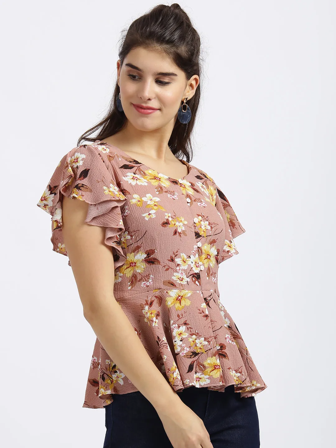 Pink Floral Print Peplum Top