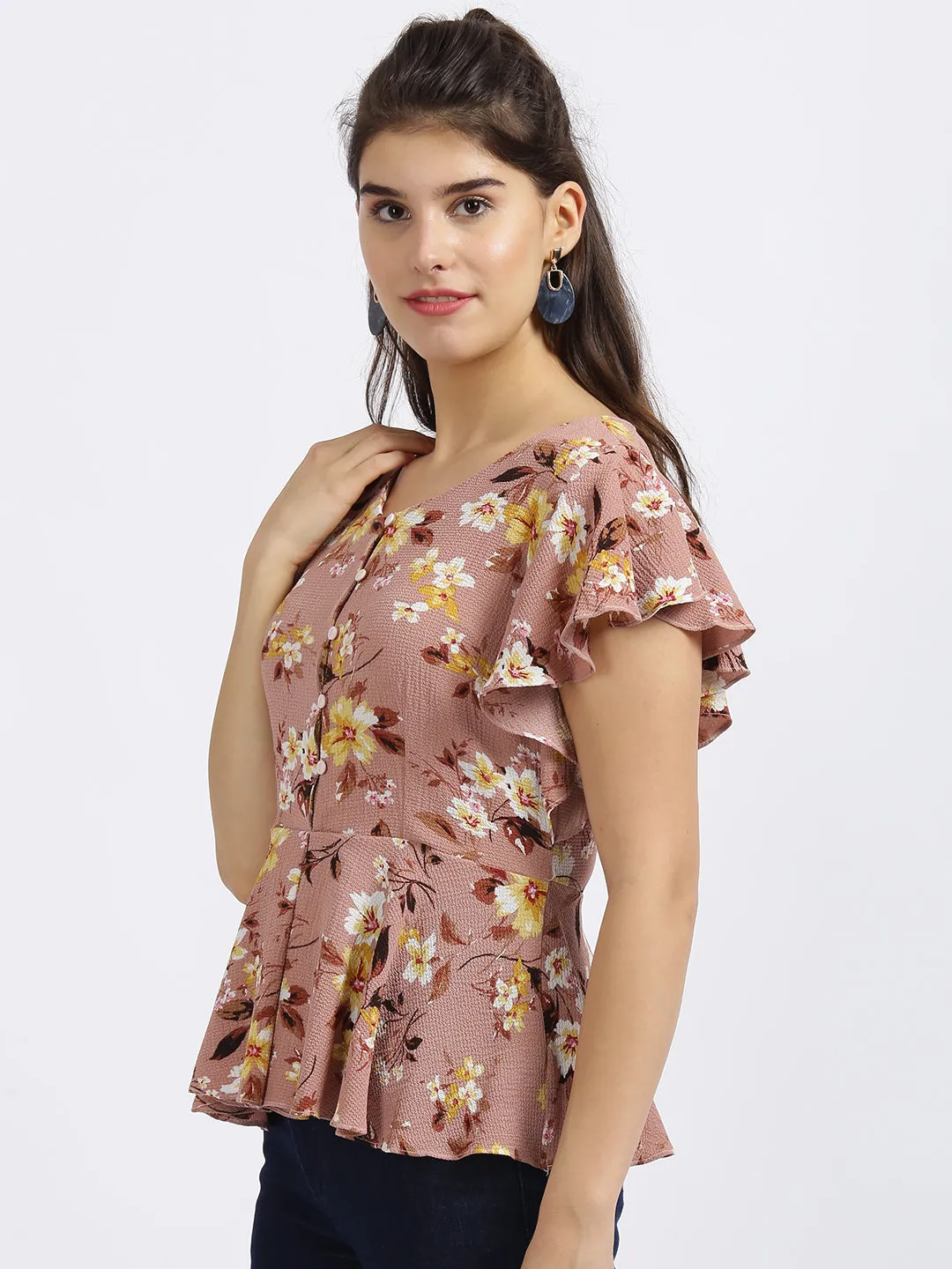 Pink Floral Print Peplum Top