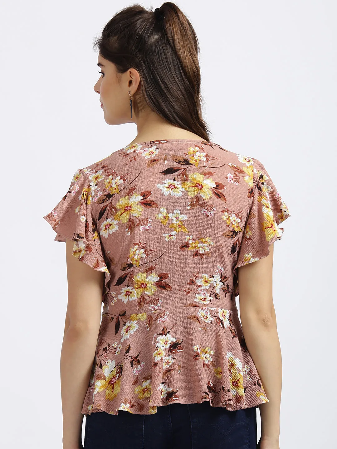 Pink Floral Print Peplum Top