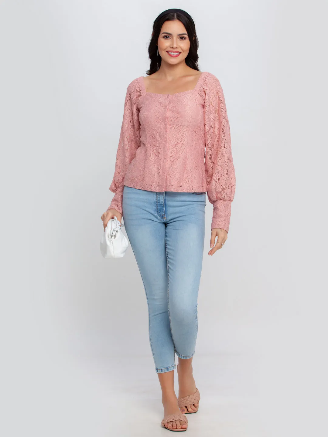 Pink Lace Puff Sleeve Top