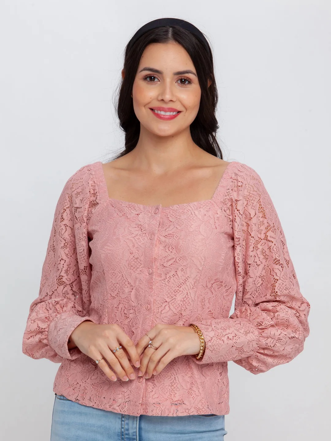 Pink Lace Puff Sleeve Top
