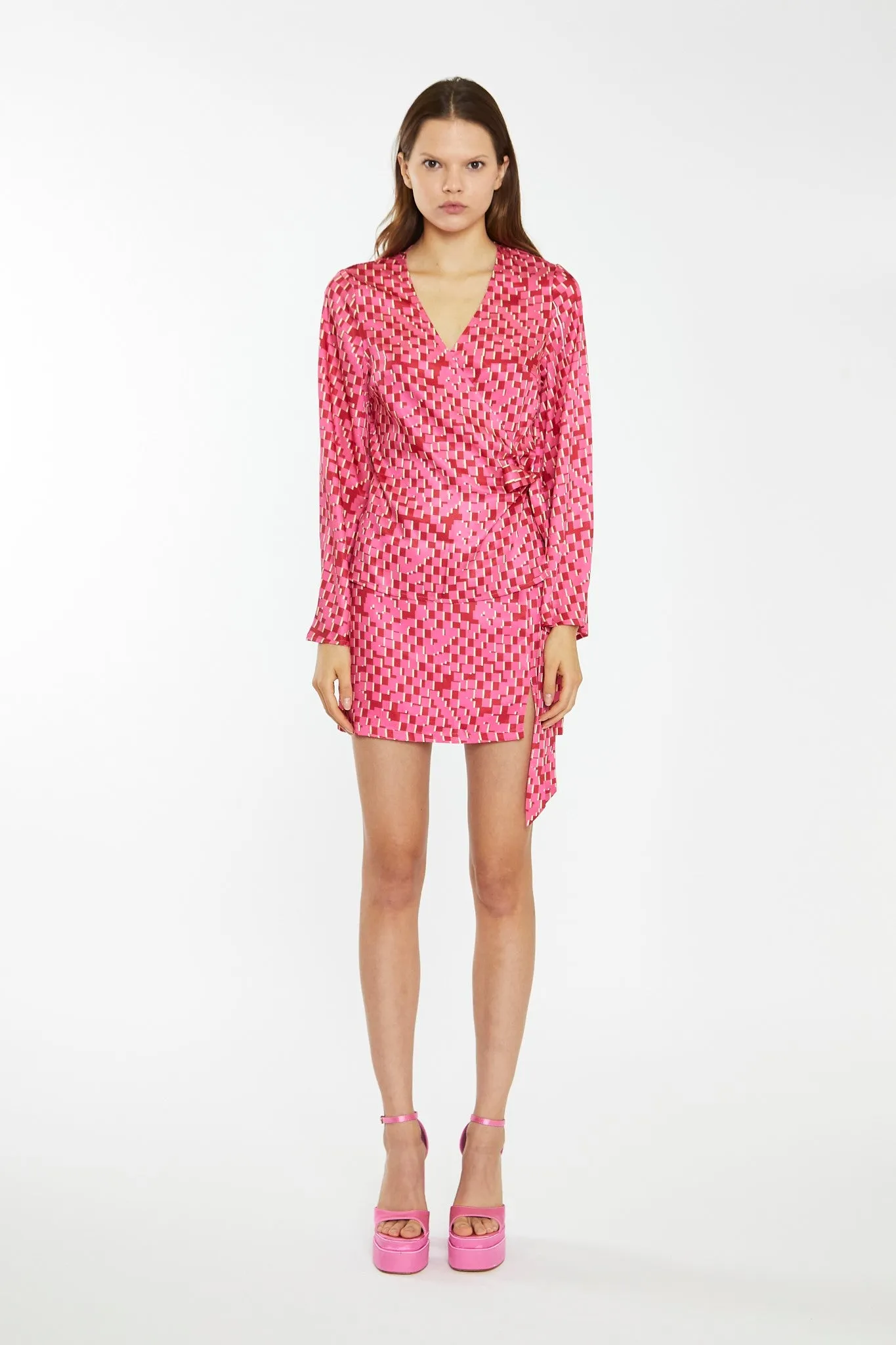 Pink Multi-Square Low-Waist Micro Mini-Skirt