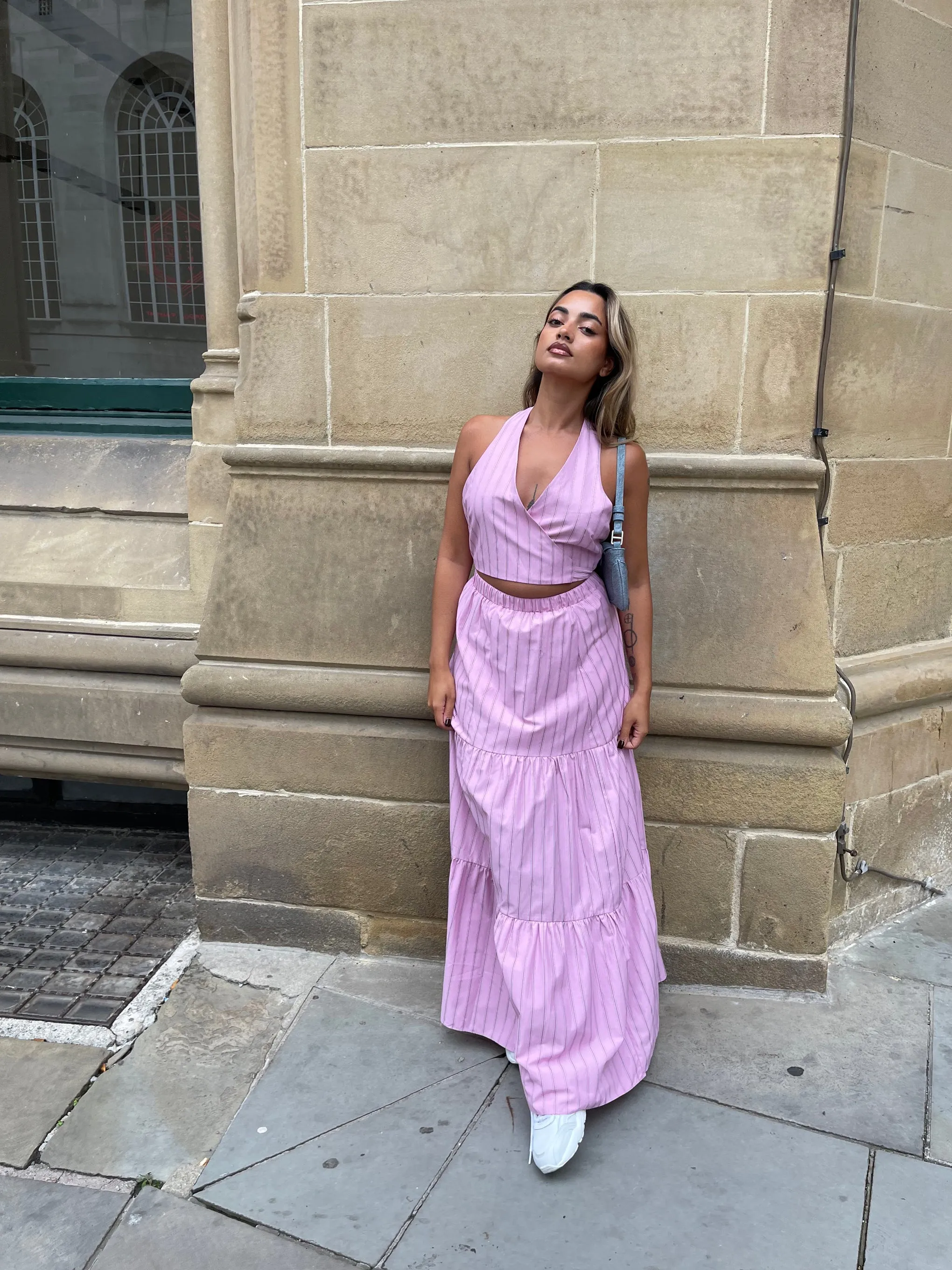 Pink Vertical-Stripe Tiered Maxi-Skirt