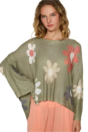 POL Flower Dropped Shoulder Long Sleeve Knit Top