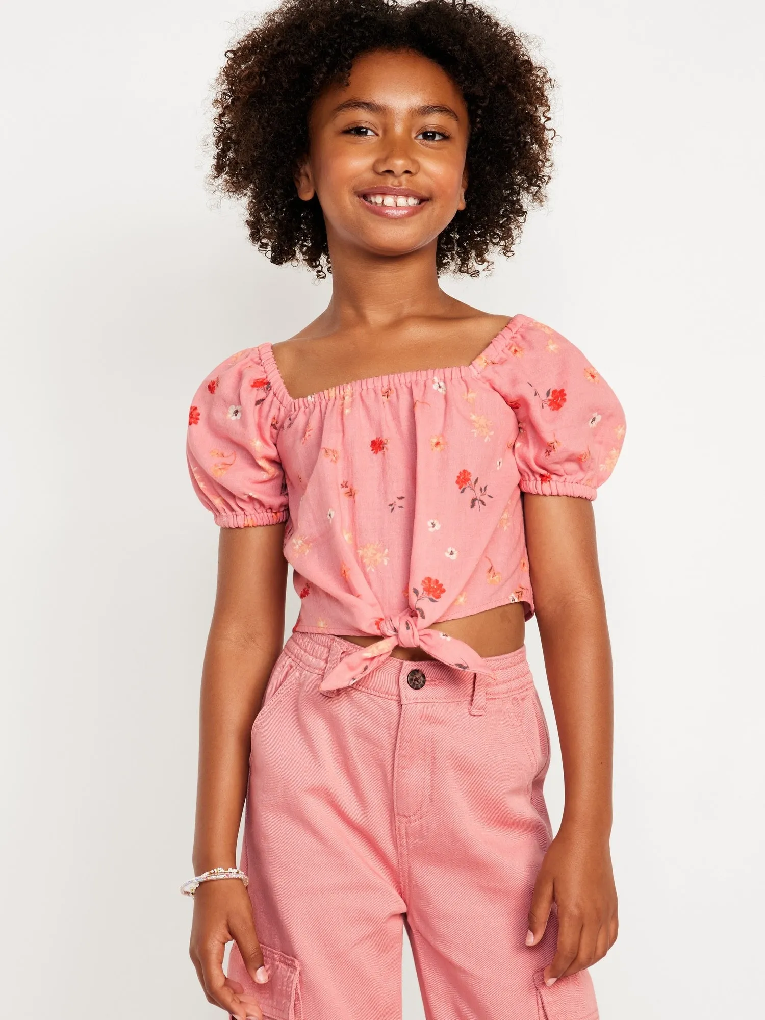 Puff-Sleeve Double-Weave Tie-Knot Top for Girls