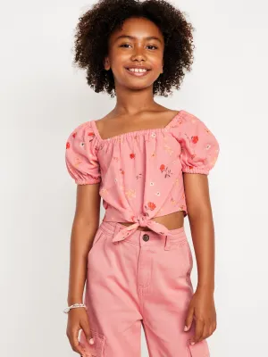 Puff-Sleeve Double-Weave Tie-Knot Top for Girls