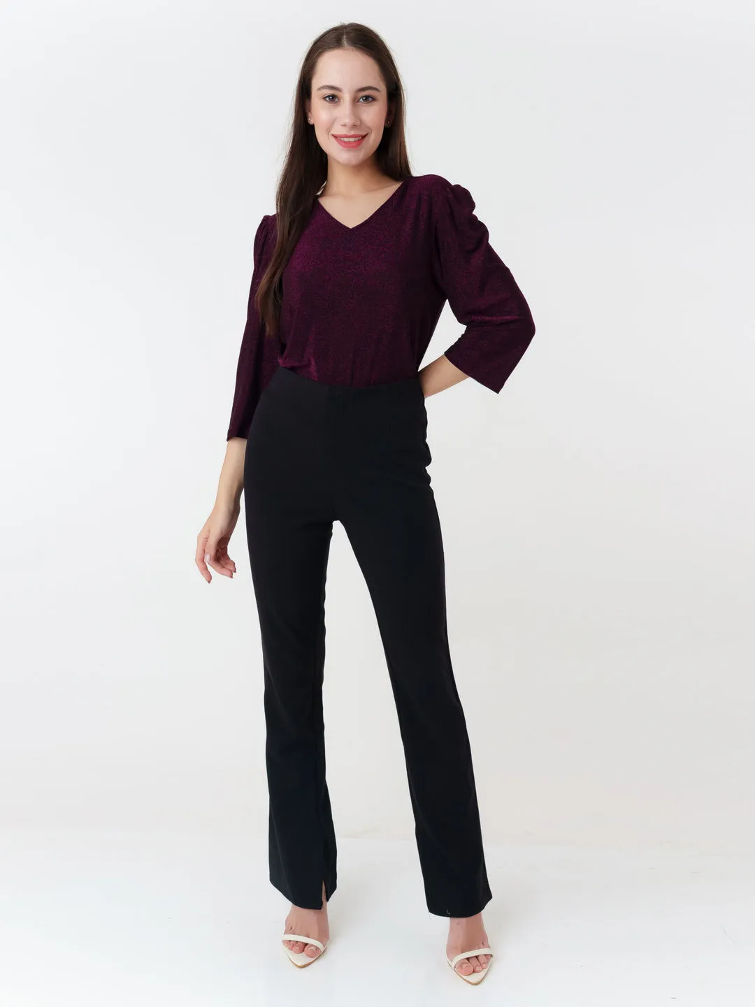 Purple Solid Puff Sleeve Top