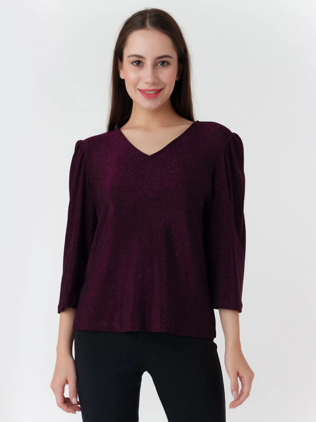 Purple Solid Puff Sleeve Top