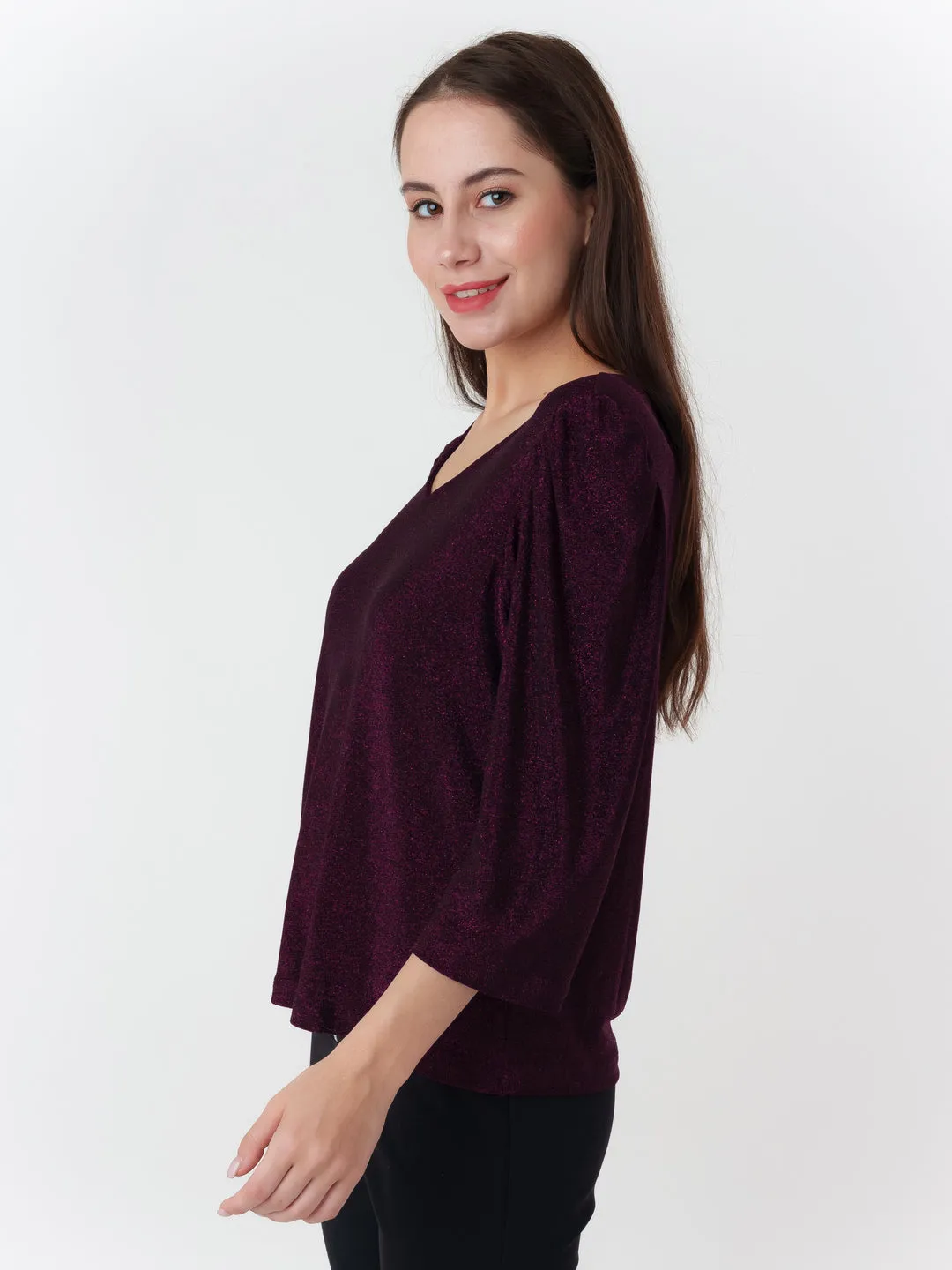 Purple Solid Puff Sleeve Top