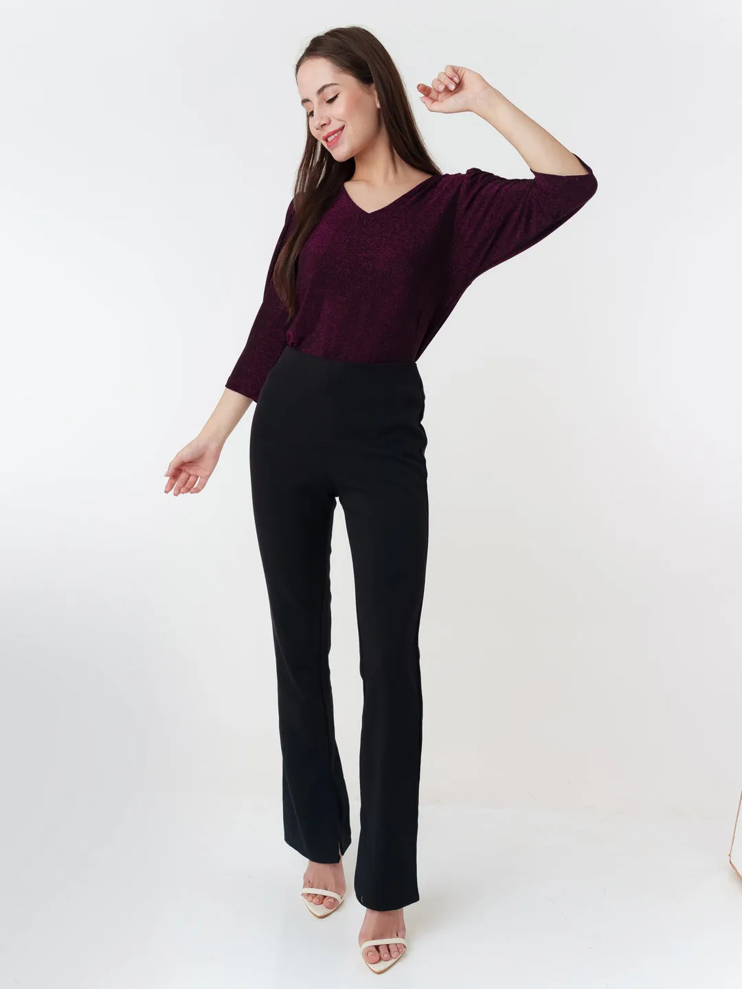 Purple Solid Puff Sleeve Top