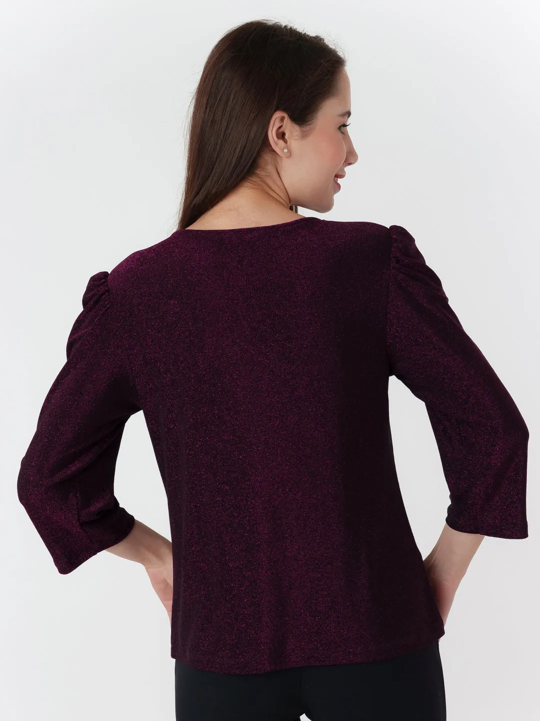 Purple Solid Puff Sleeve Top