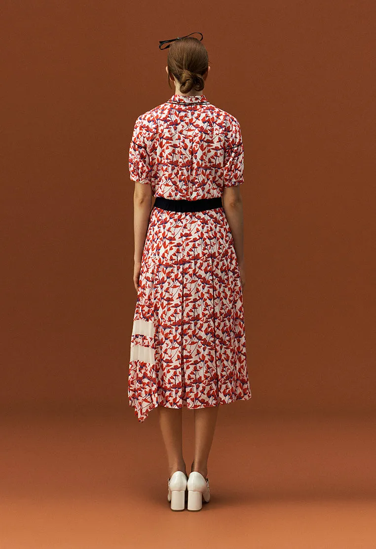 Pussy-bow Puff Sleeve Floral Pattern Mid-sleeve Blouse