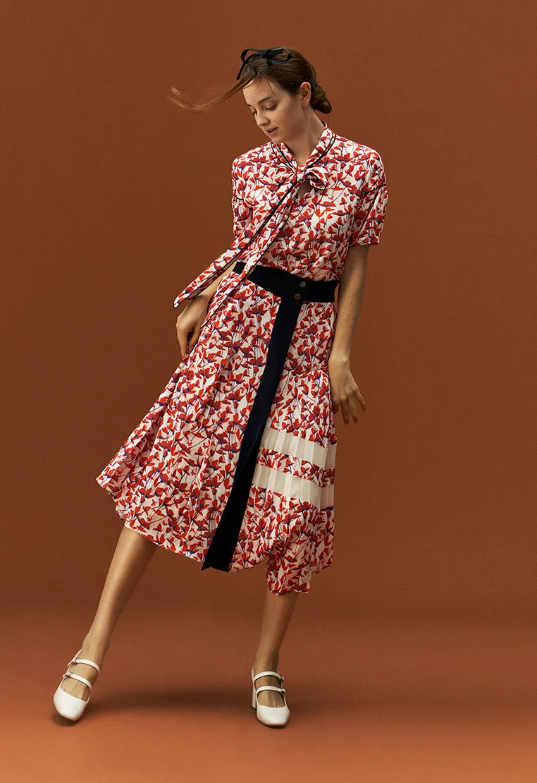 Pussy-bow Puff Sleeve Floral Pattern Mid-sleeve Blouse