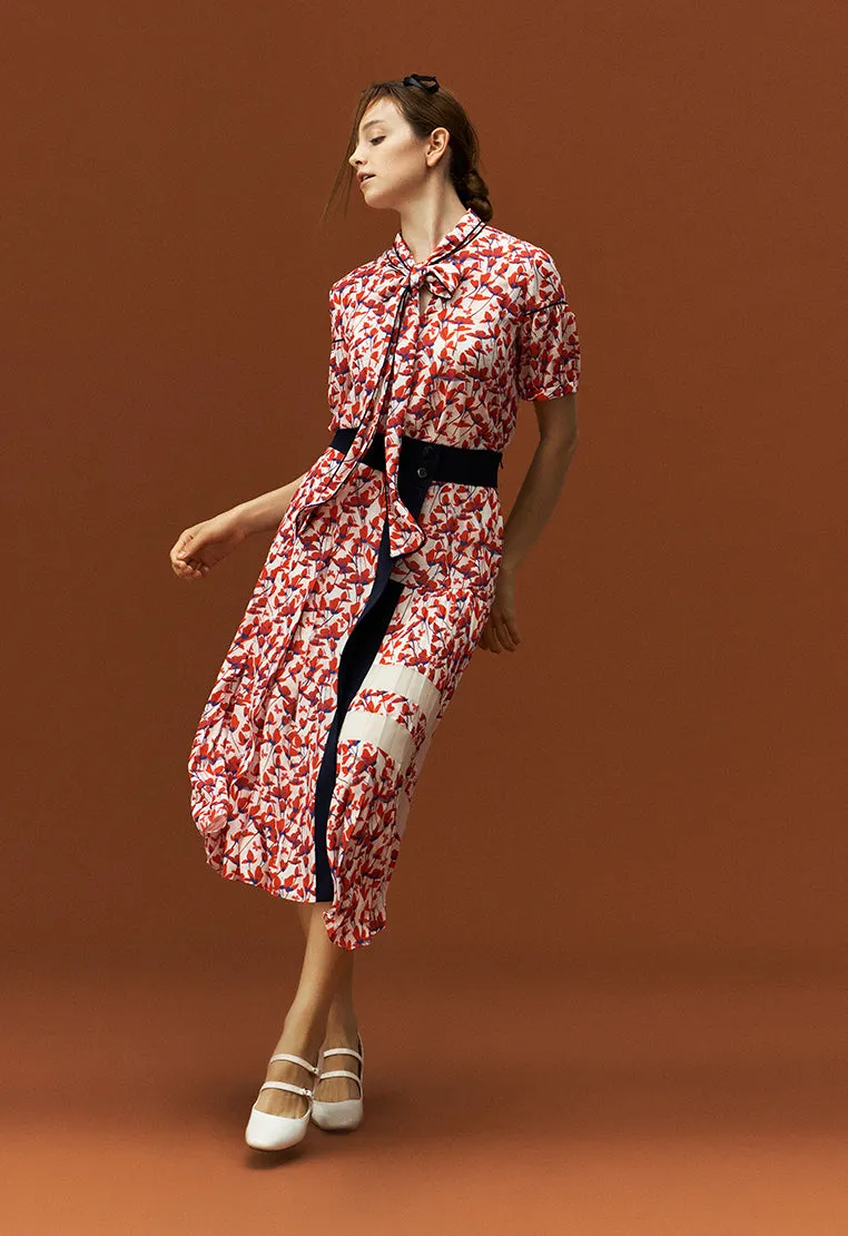 Pussy-bow Puff Sleeve Floral Pattern Mid-sleeve Blouse