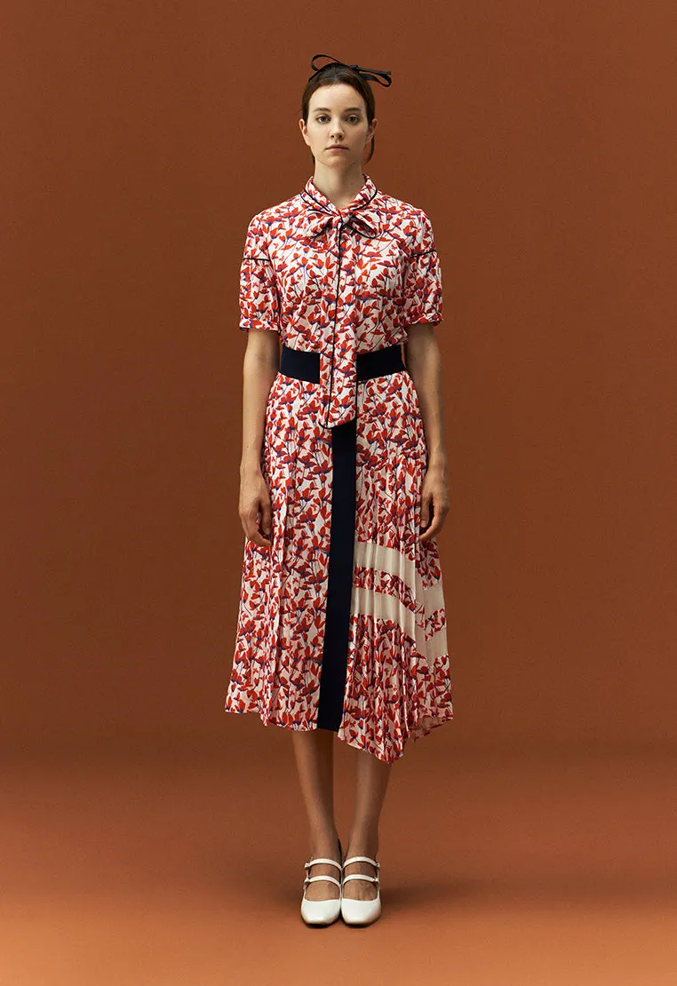 Pussy-bow Puff Sleeve Floral Pattern Mid-sleeve Blouse