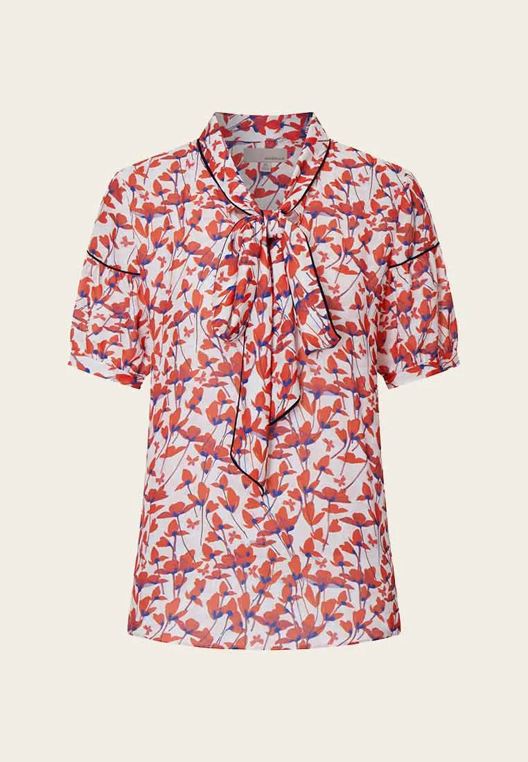Pussy-bow Puff Sleeve Floral Pattern Mid-sleeve Blouse