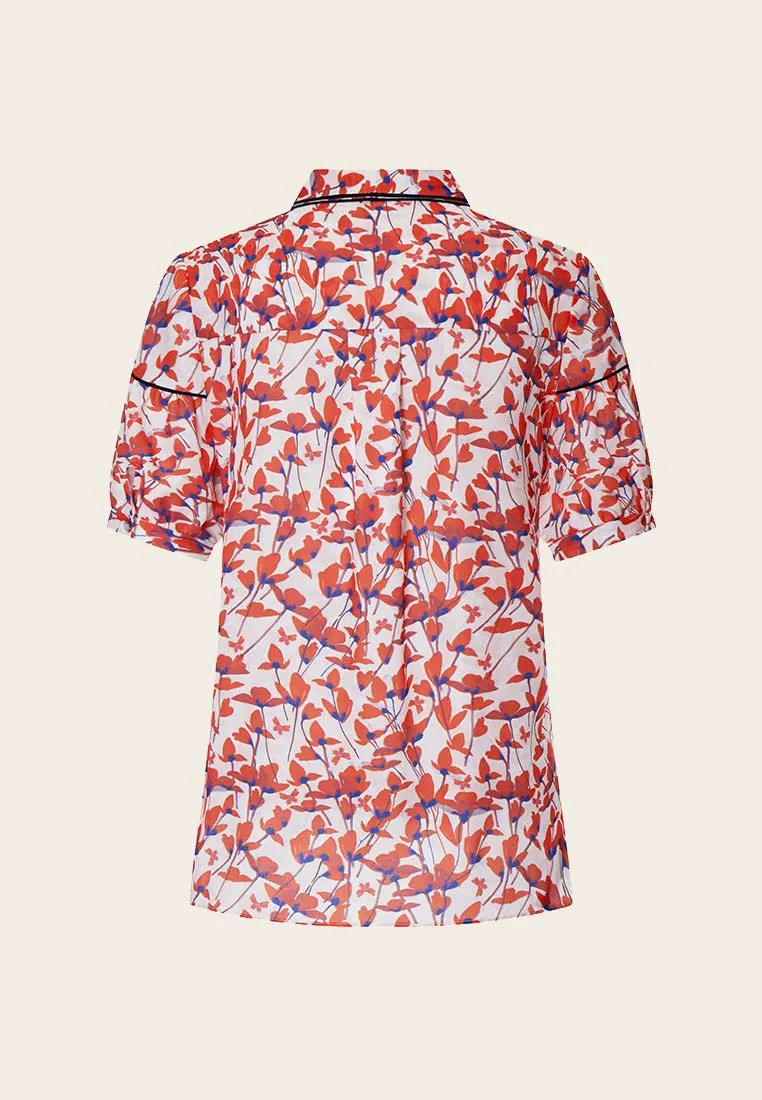 Pussy-bow Puff Sleeve Floral Pattern Mid-sleeve Blouse