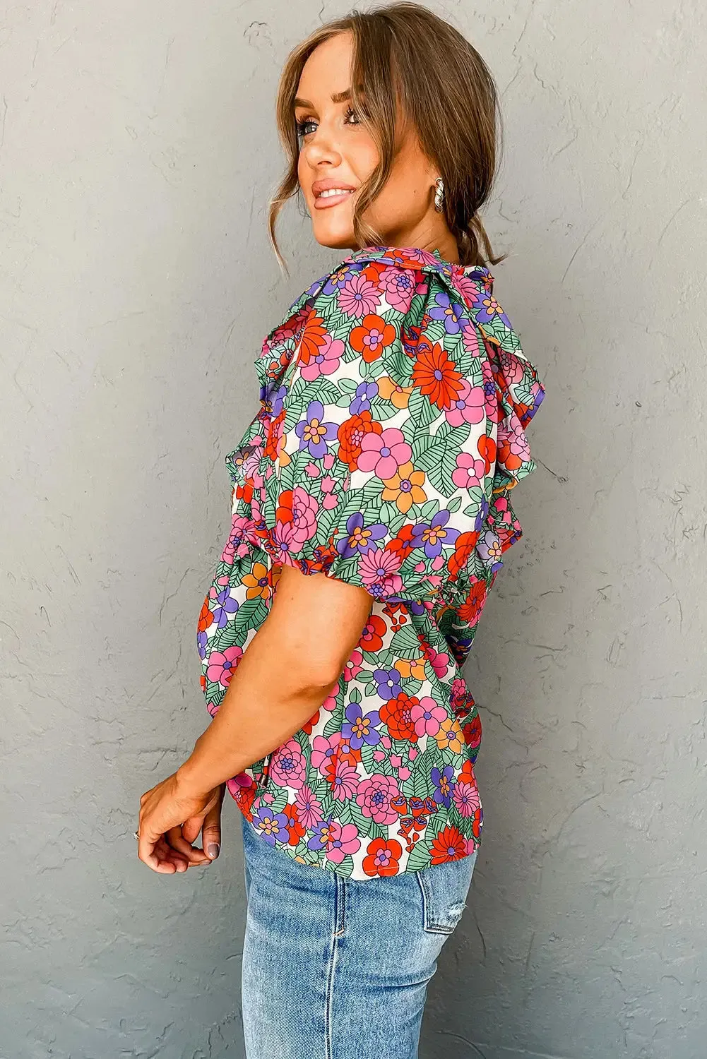 Red Floral Puff Sleeve Blouse