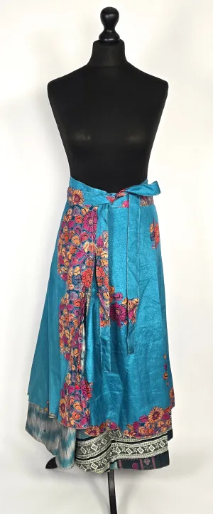 Reversable flattering Indian gypsy wrap skirt, made from vintage silk-mix saree fabrics with Oriental & floral print #19