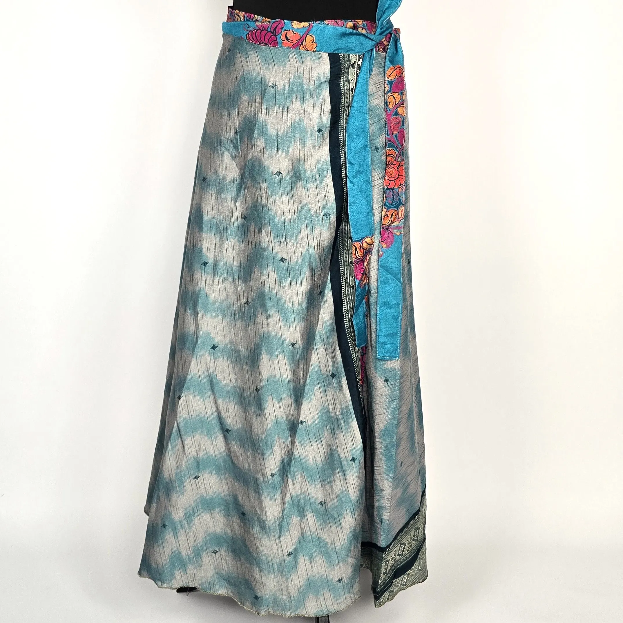 Reversable flattering Indian gypsy wrap skirt, made from vintage silk-mix saree fabrics with Oriental & floral print #19