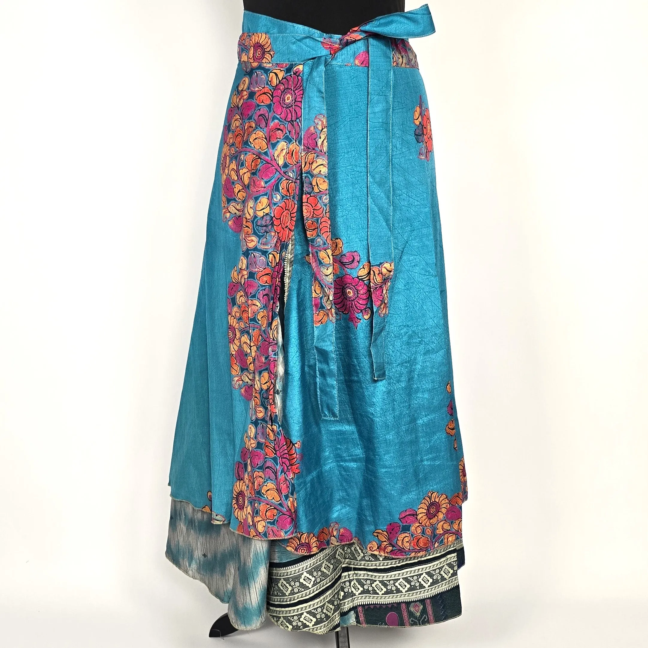 Reversable flattering Indian gypsy wrap skirt, made from vintage silk-mix saree fabrics with Oriental & floral print #19