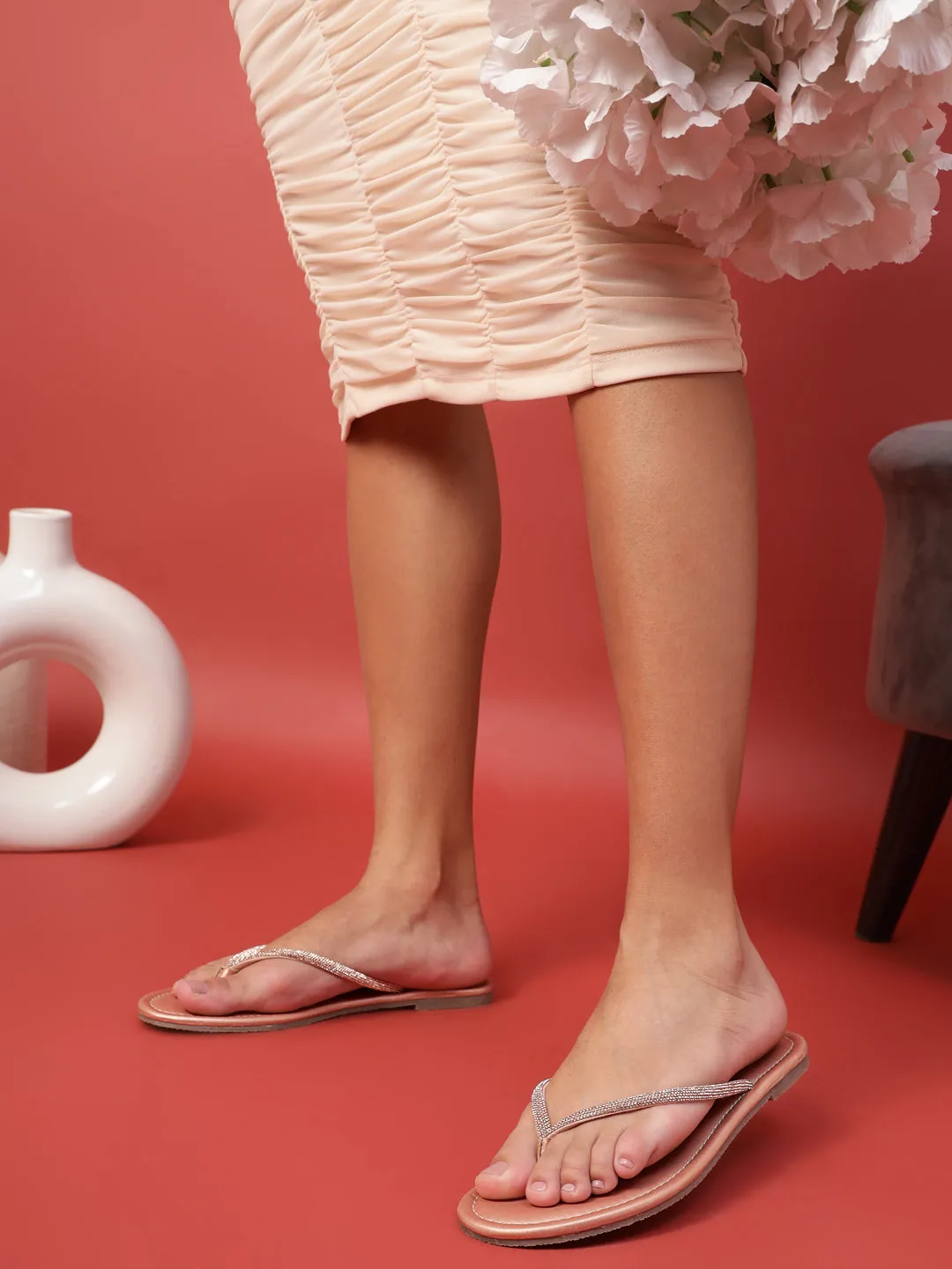 Rose Gold PU Diamanté T-Strap Flats (TC-100507-RGLD)