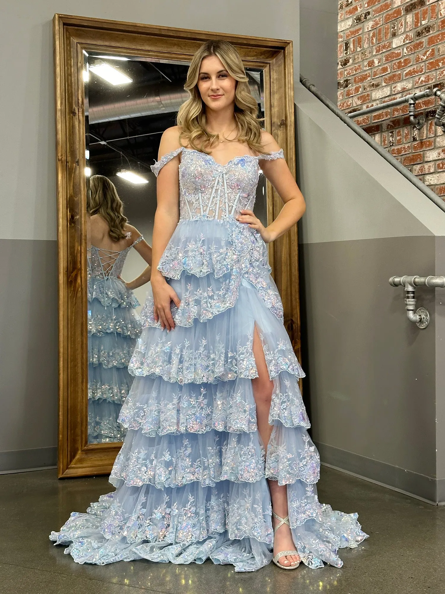 Roycebridal Princess A Line Off the Shoulder Corset Prom Dress with Lace Ruffles