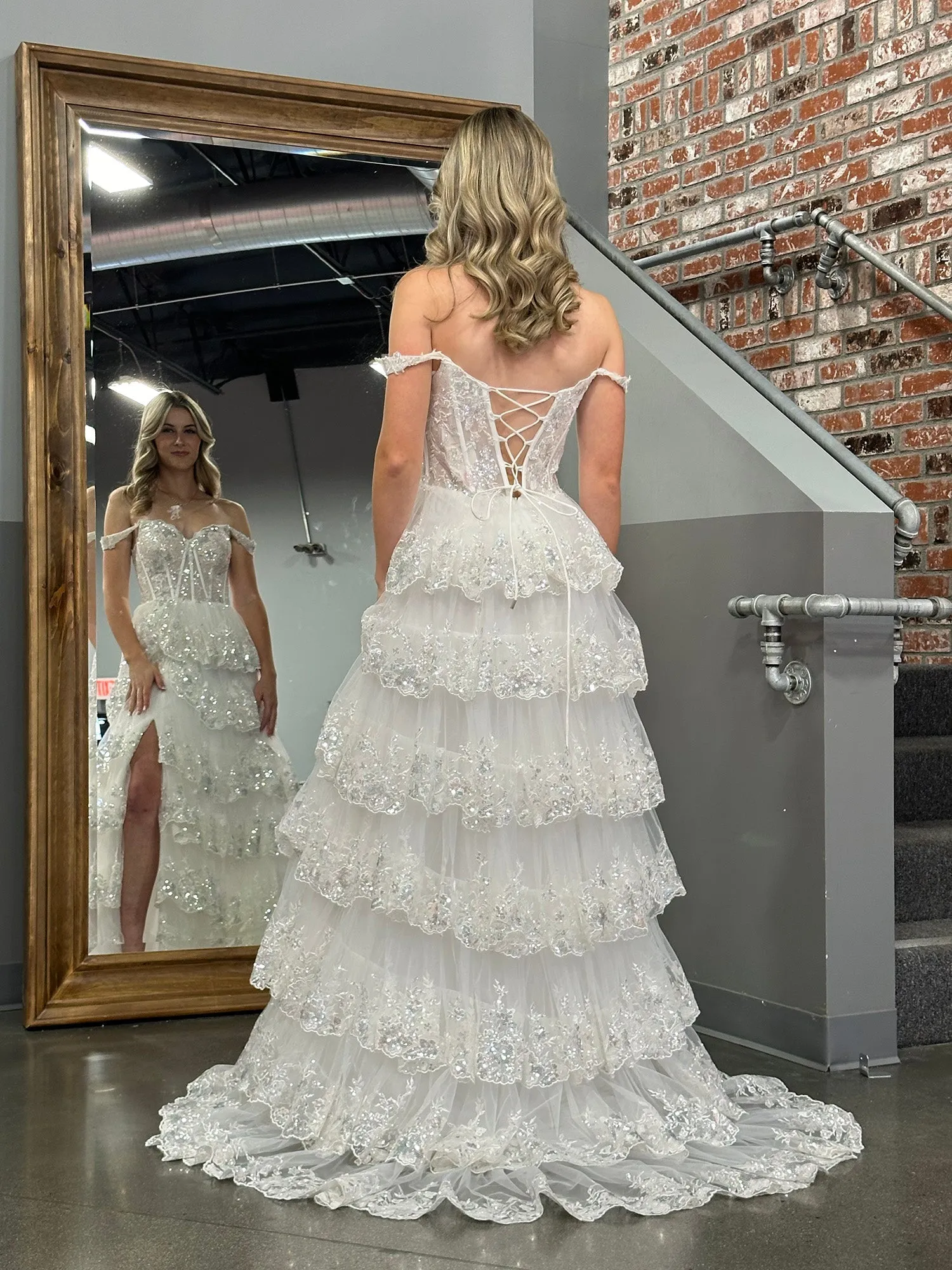 Roycebridal Princess A Line Off the Shoulder Corset Prom Dress with Lace Ruffles
