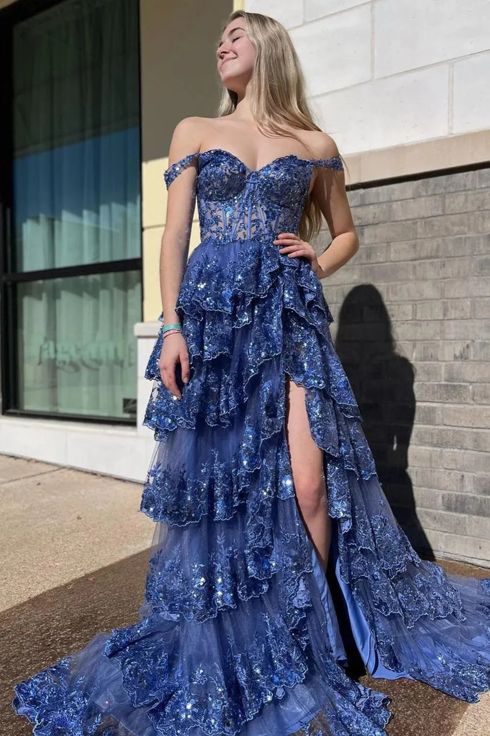 Roycebridal Princess A Line Off the Shoulder Corset Prom Dress with Lace Ruffles