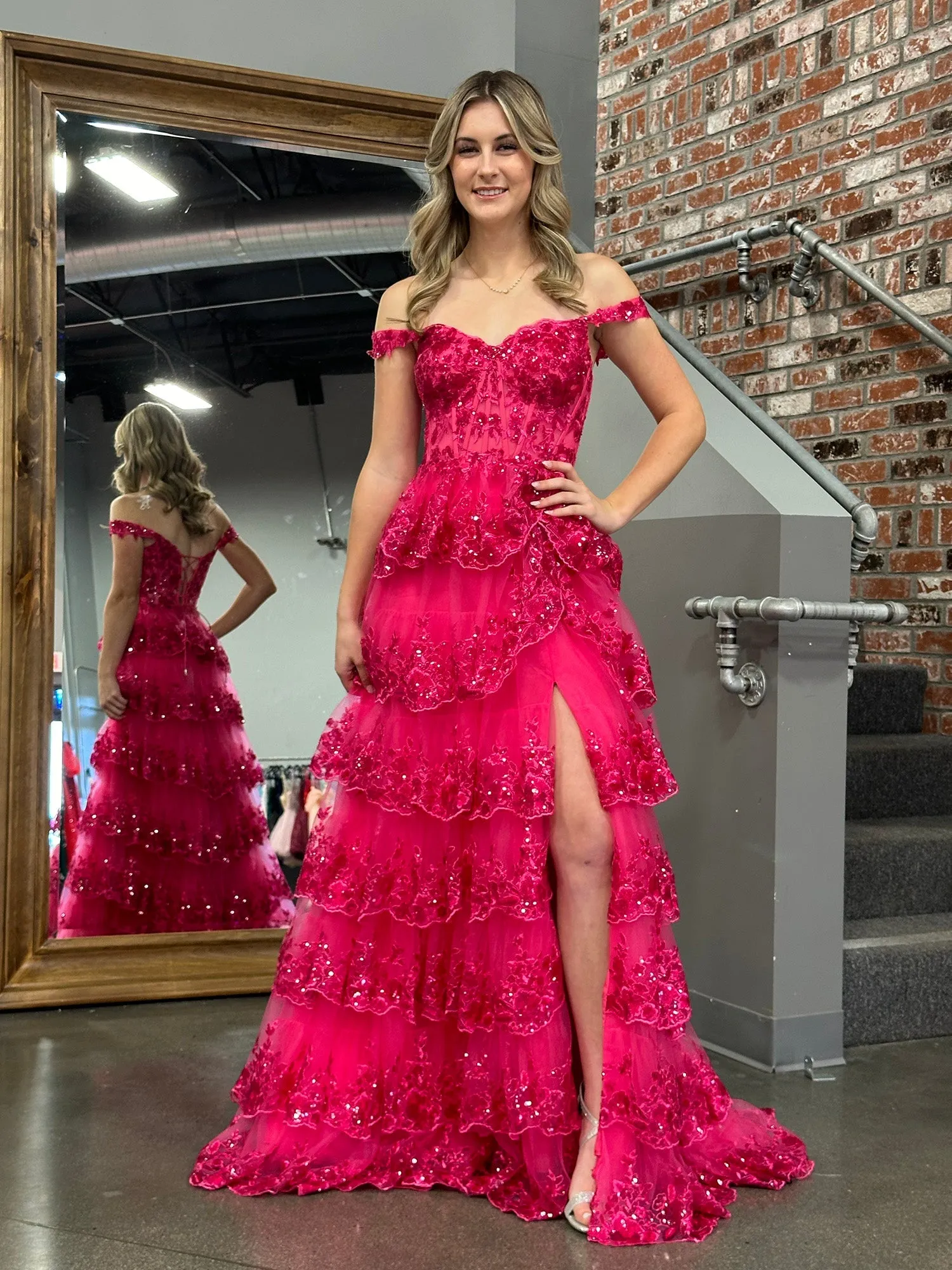 Roycebridal Princess A Line Off the Shoulder Corset Prom Dress with Lace Ruffles