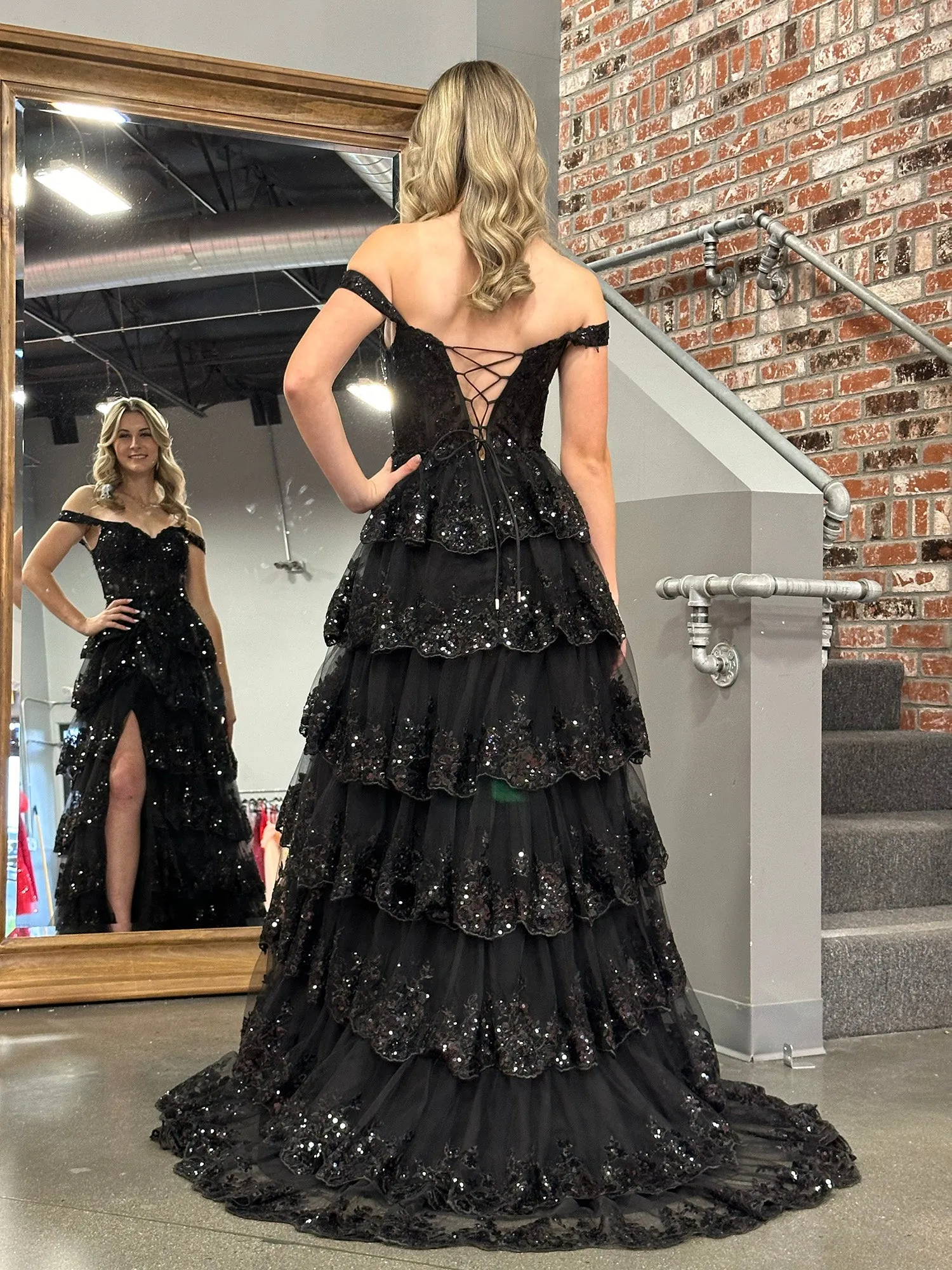Roycebridal Princess A Line Off the Shoulder Corset Prom Dress with Lace Ruffles
