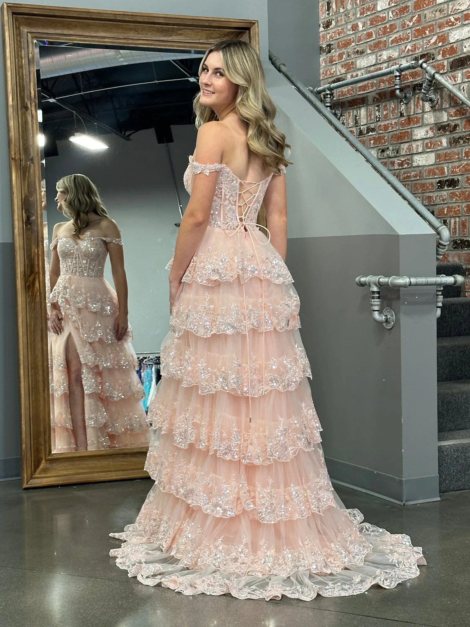 Roycebridal Princess A Line Off the Shoulder Corset Prom Dress with Lace Ruffles