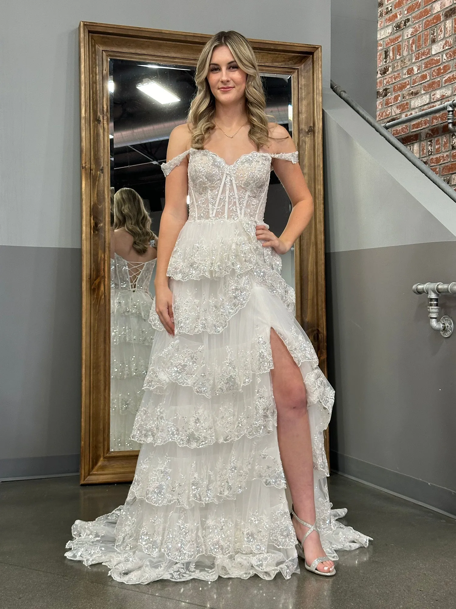Roycebridal Princess A Line Off the Shoulder Corset Prom Dress with Lace Ruffles