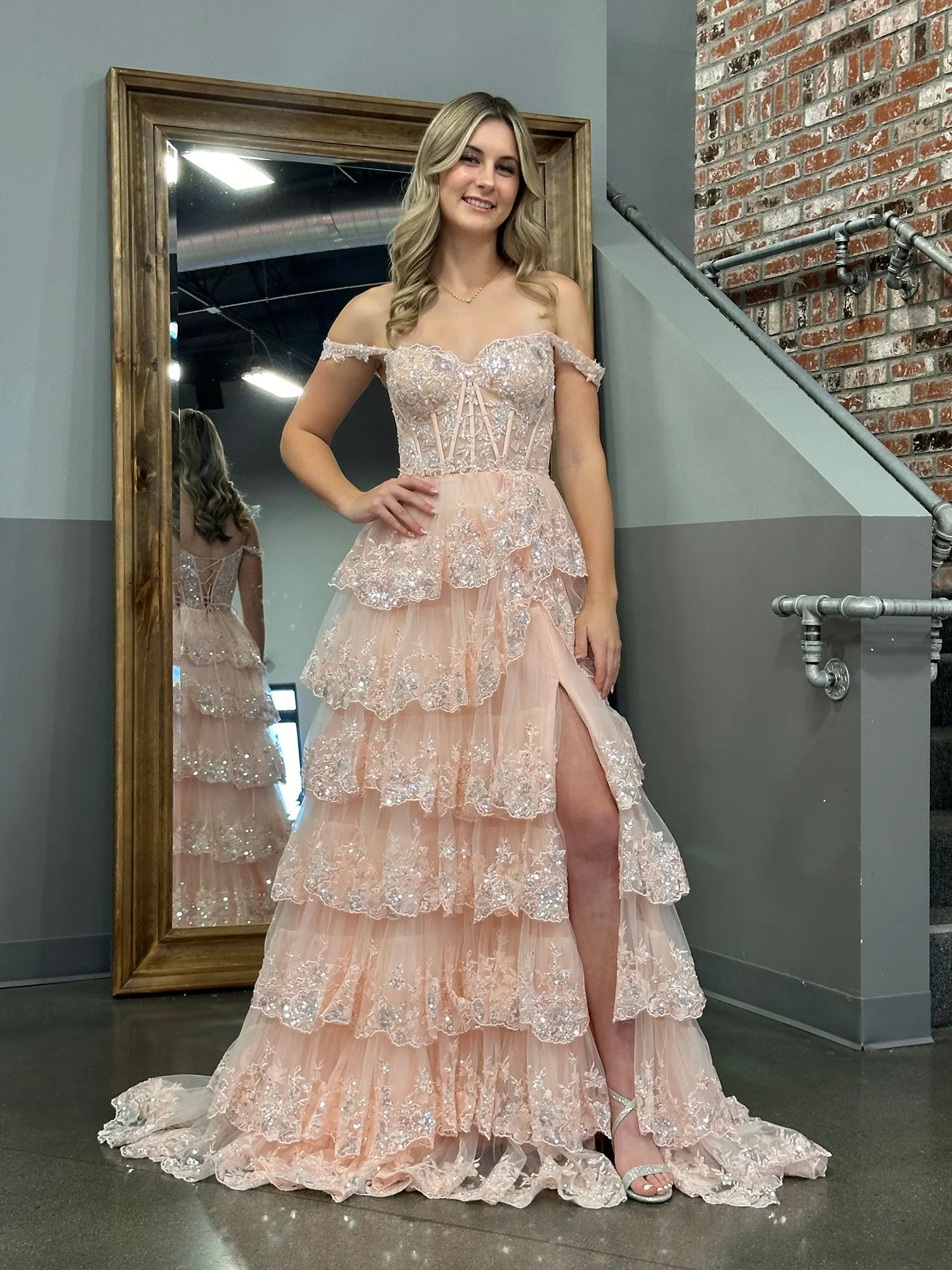 Roycebridal Princess A Line Off the Shoulder Corset Prom Dress with Lace Ruffles
