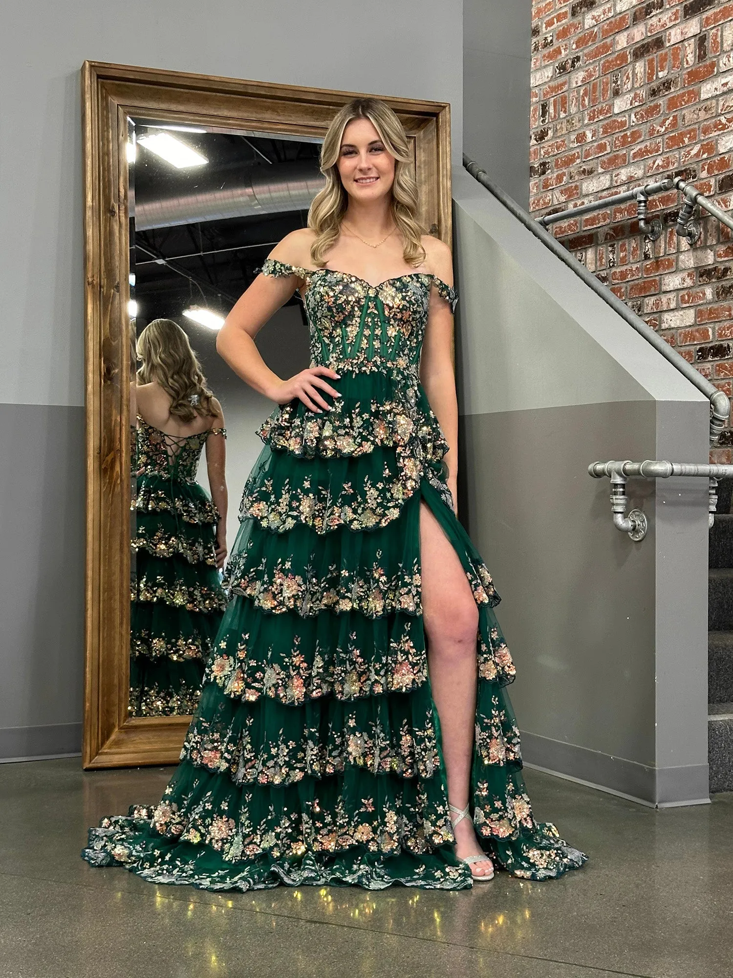 Roycebridal Princess A Line Off the Shoulder Corset Prom Dress with Lace Ruffles