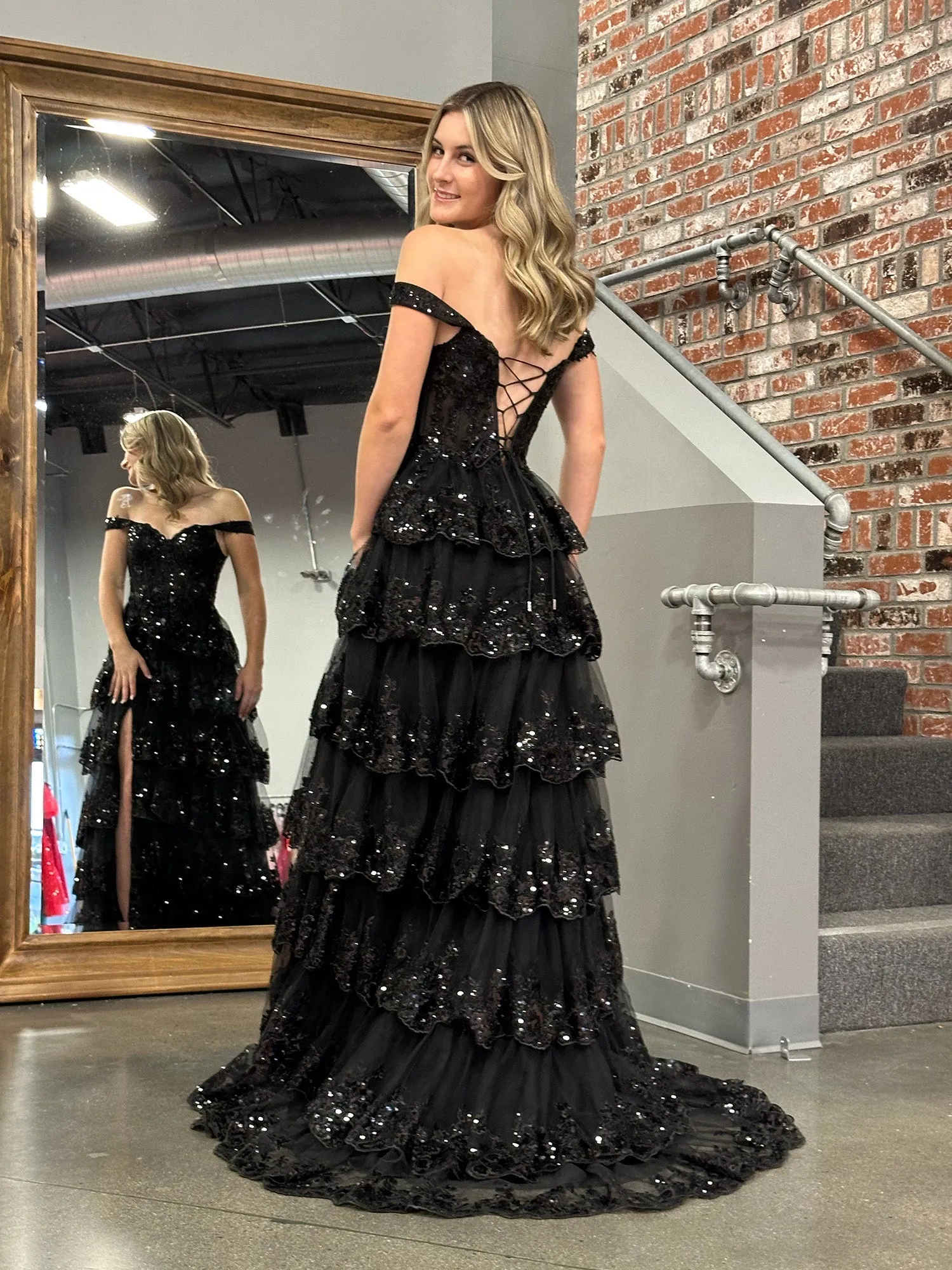 Roycebridal Princess A Line Off the Shoulder Corset Prom Dress with Lace Ruffles