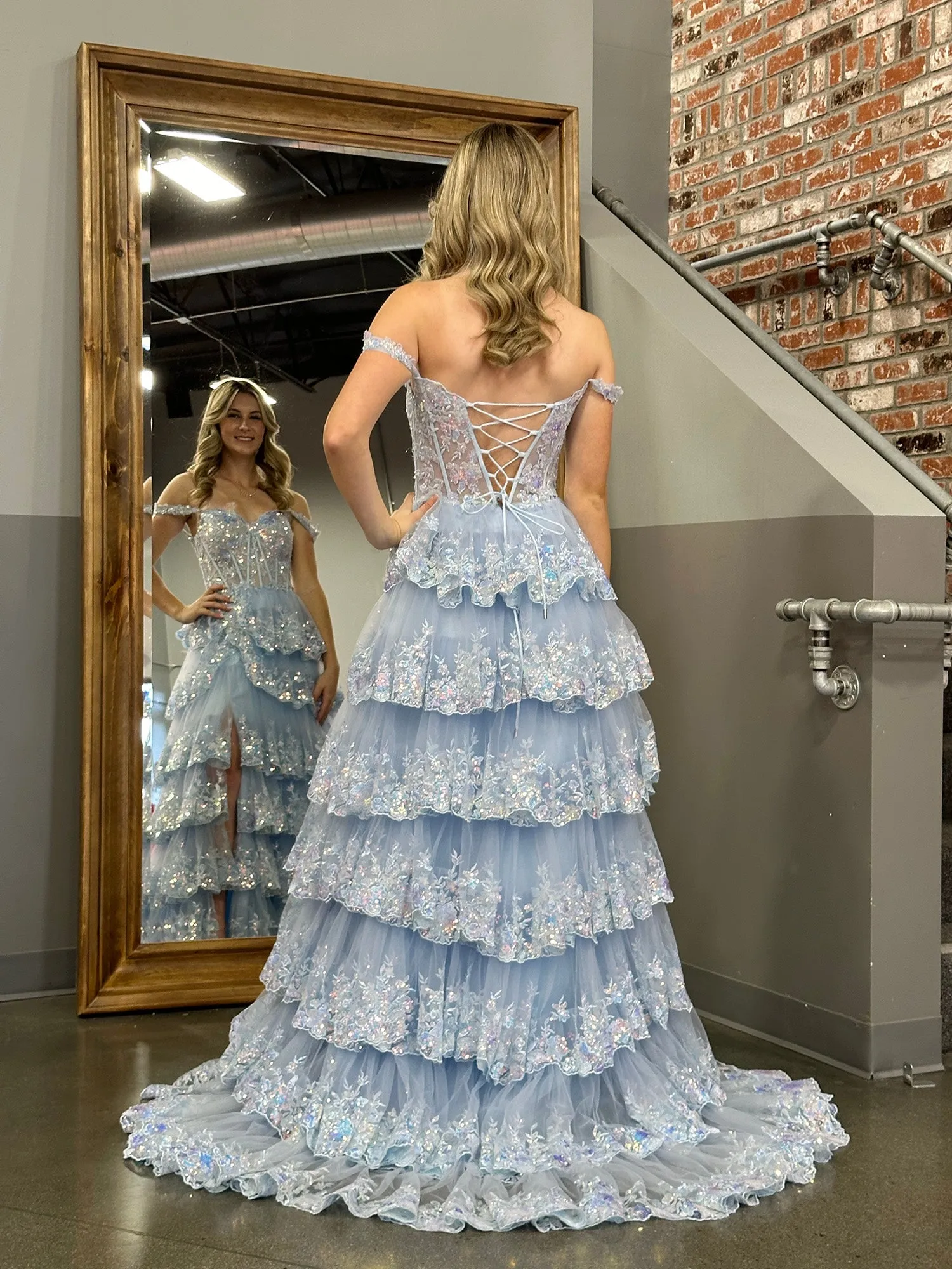 Roycebridal Princess A Line Off the Shoulder Corset Prom Dress with Lace Ruffles