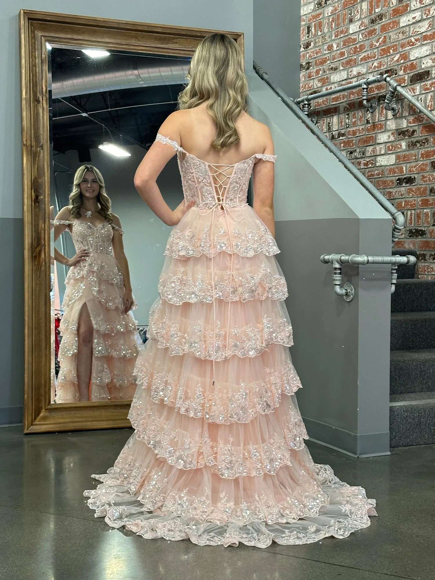 Roycebridal Princess A Line Off the Shoulder Corset Prom Dress with Lace Ruffles