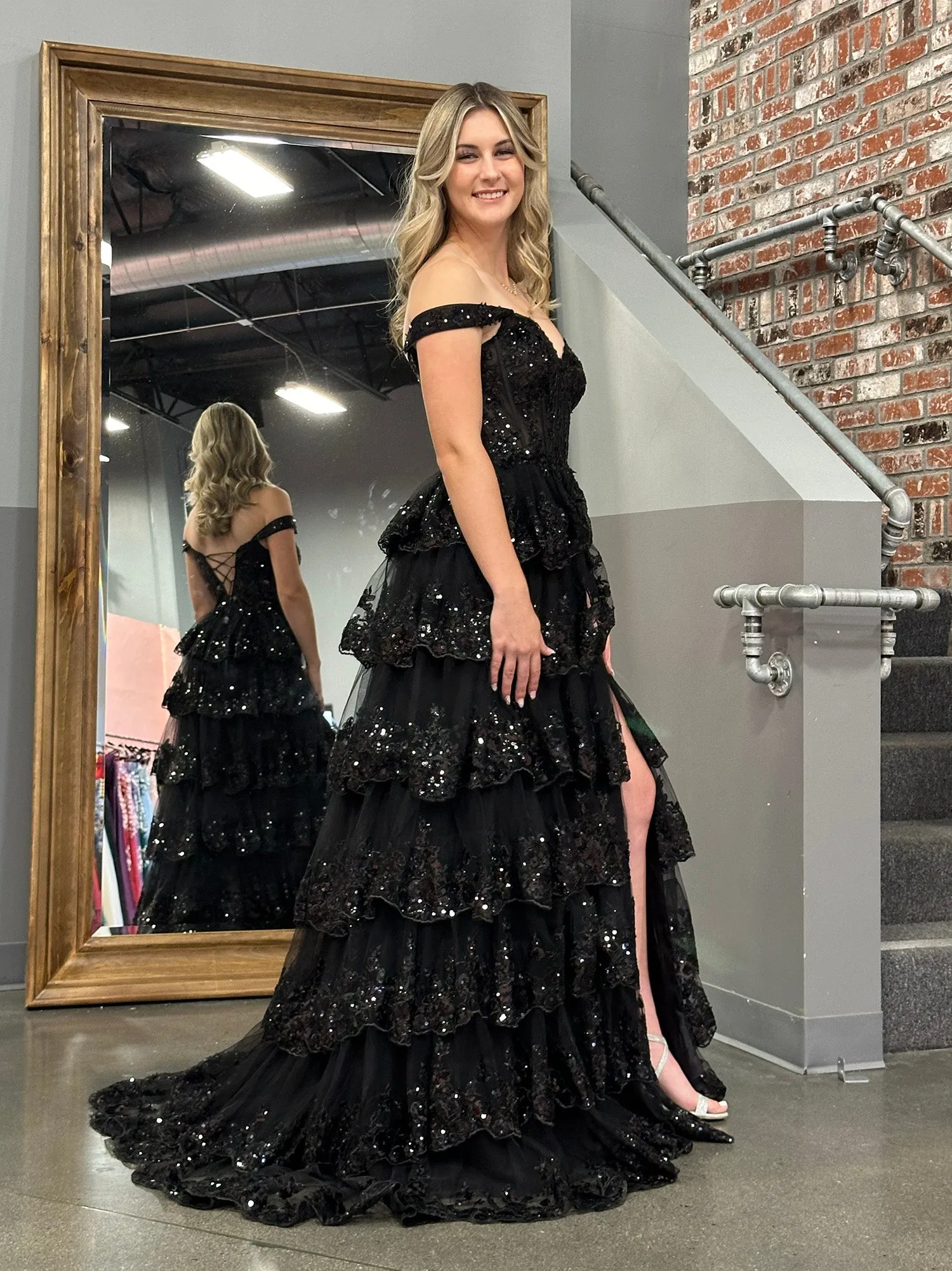Roycebridal Princess A Line Off the Shoulder Corset Prom Dress with Lace Ruffles