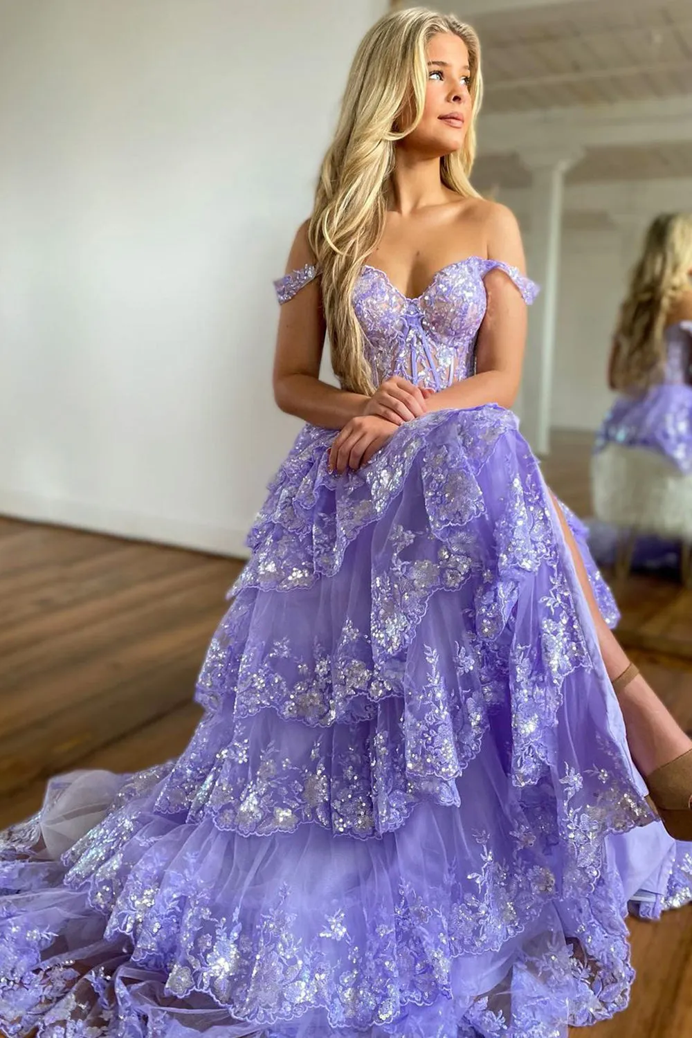 Roycebridal Princess A Line Off the Shoulder Corset Prom Dress with Lace Ruffles