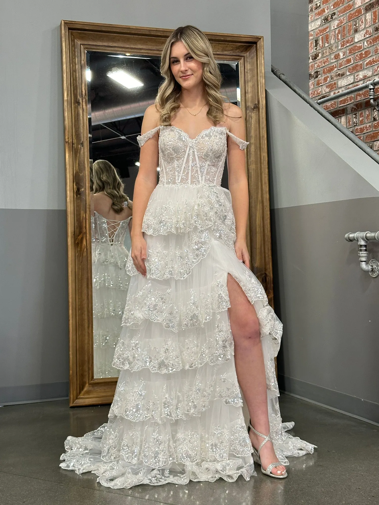 Roycebridal Princess A Line Off the Shoulder Corset Prom Dress with Lace Ruffles