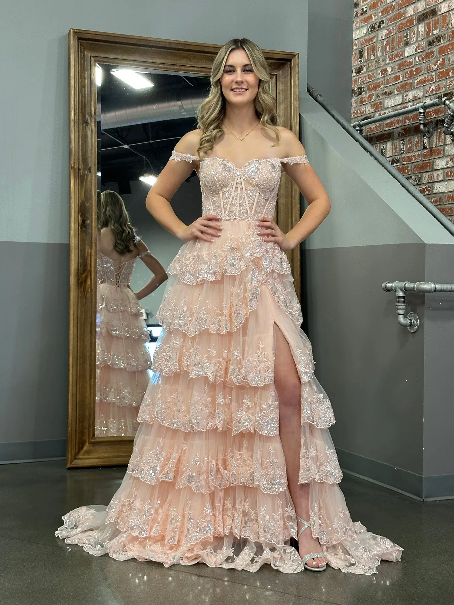 Roycebridal Princess A Line Off the Shoulder Corset Prom Dress with Lace Ruffles
