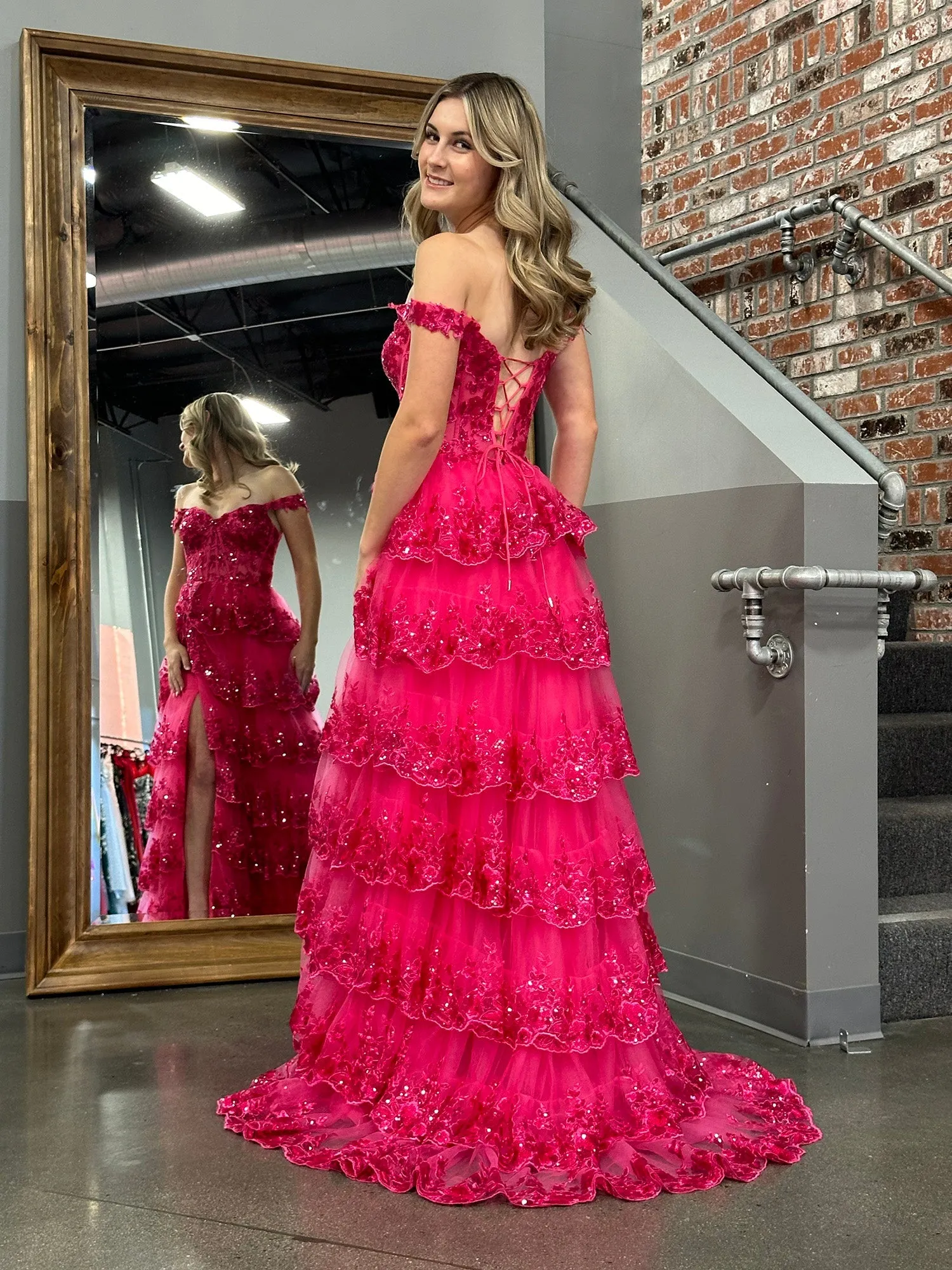 Roycebridal Princess A Line Off the Shoulder Corset Prom Dress with Lace Ruffles