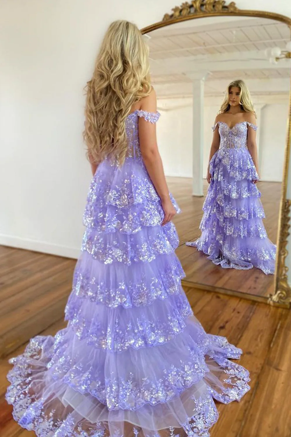 Roycebridal Princess A Line Off the Shoulder Corset Prom Dress with Lace Ruffles