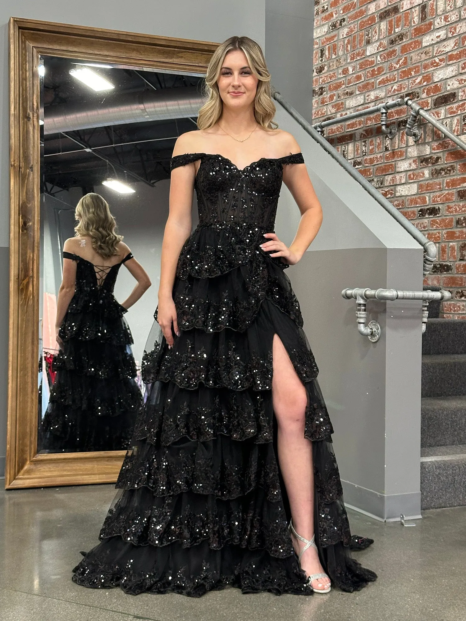 Roycebridal Princess A Line Off the Shoulder Corset Prom Dress with Lace Ruffles