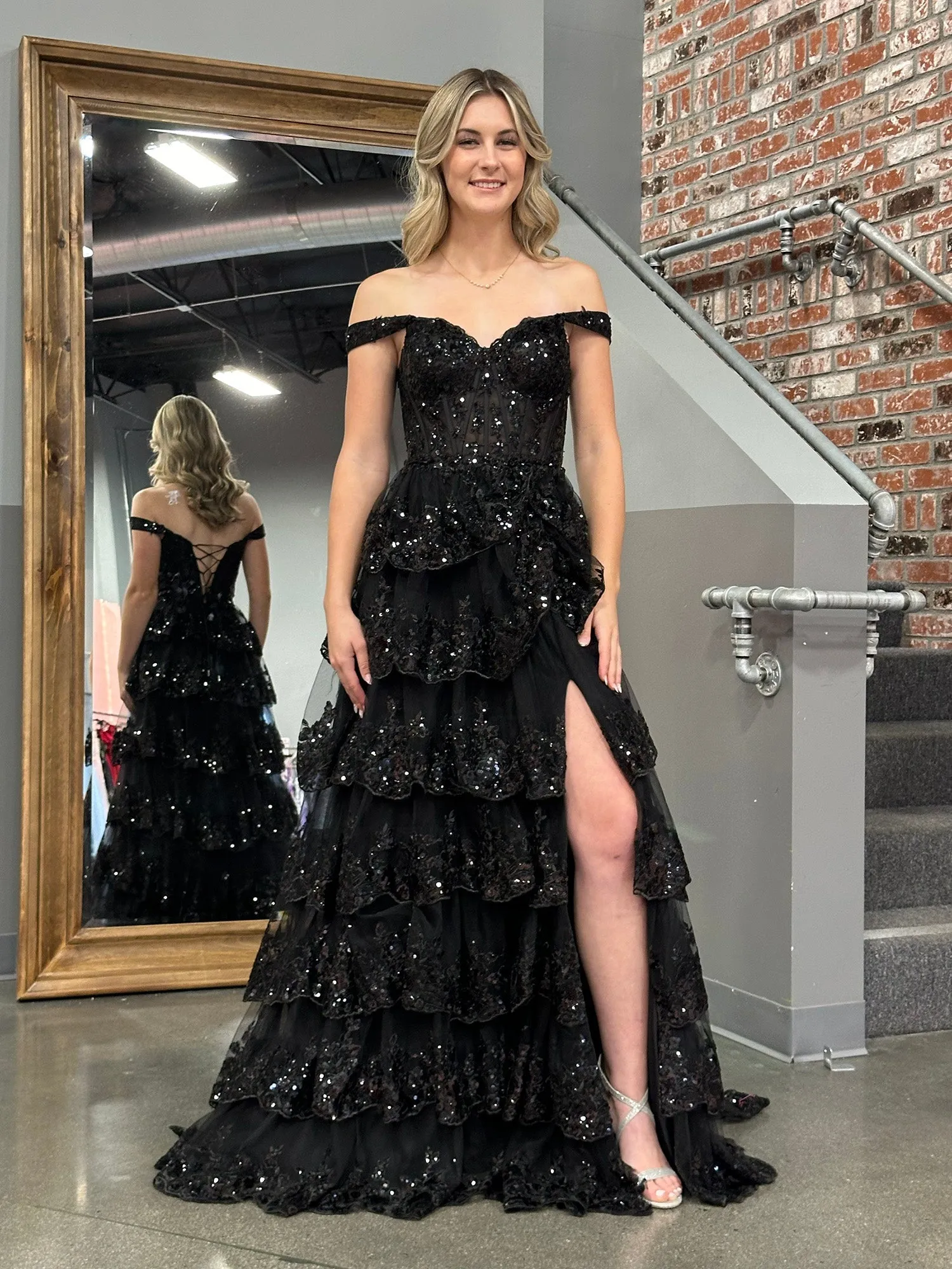 Roycebridal Princess A Line Off the Shoulder Corset Prom Dress with Lace Ruffles
