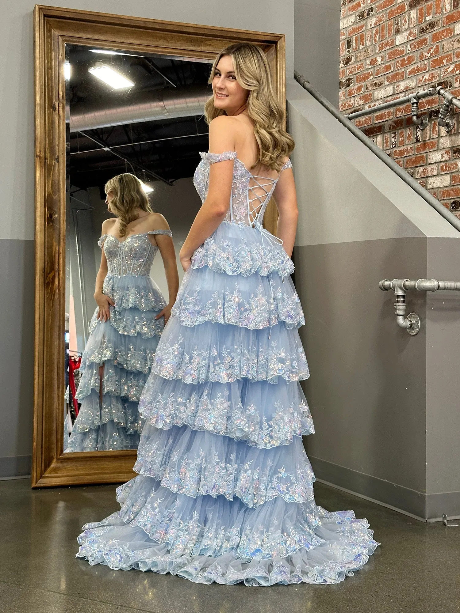 Roycebridal Princess A Line Off the Shoulder Corset Prom Dress with Lace Ruffles