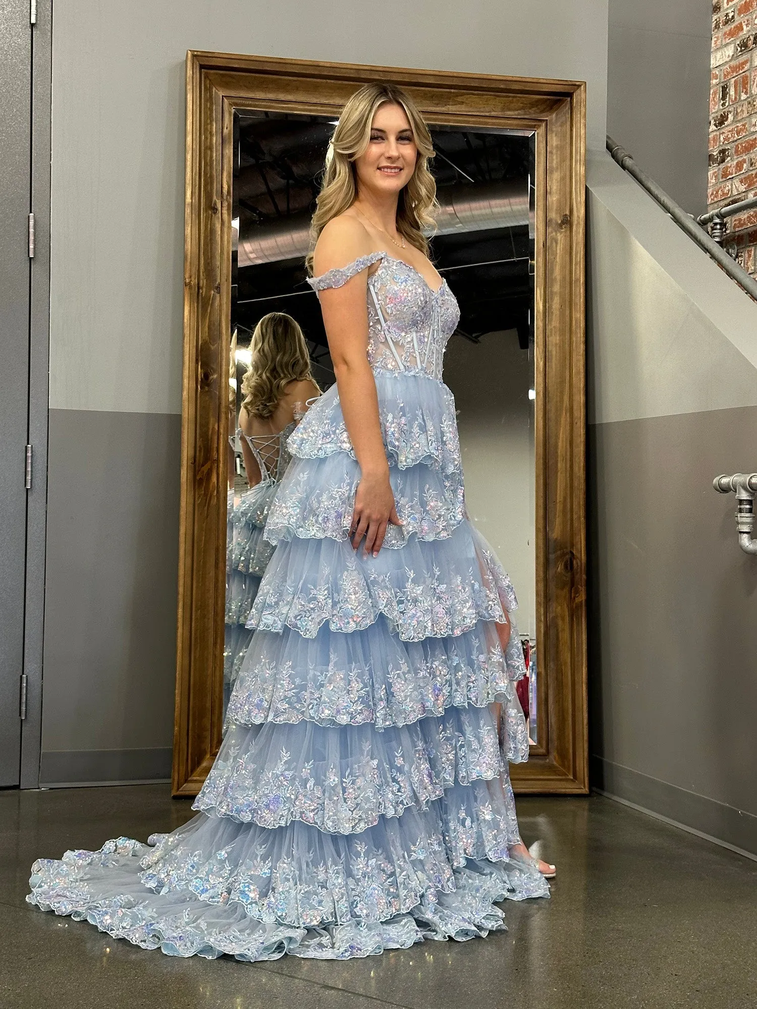 Roycebridal Princess A Line Off the Shoulder Corset Prom Dress with Lace Ruffles