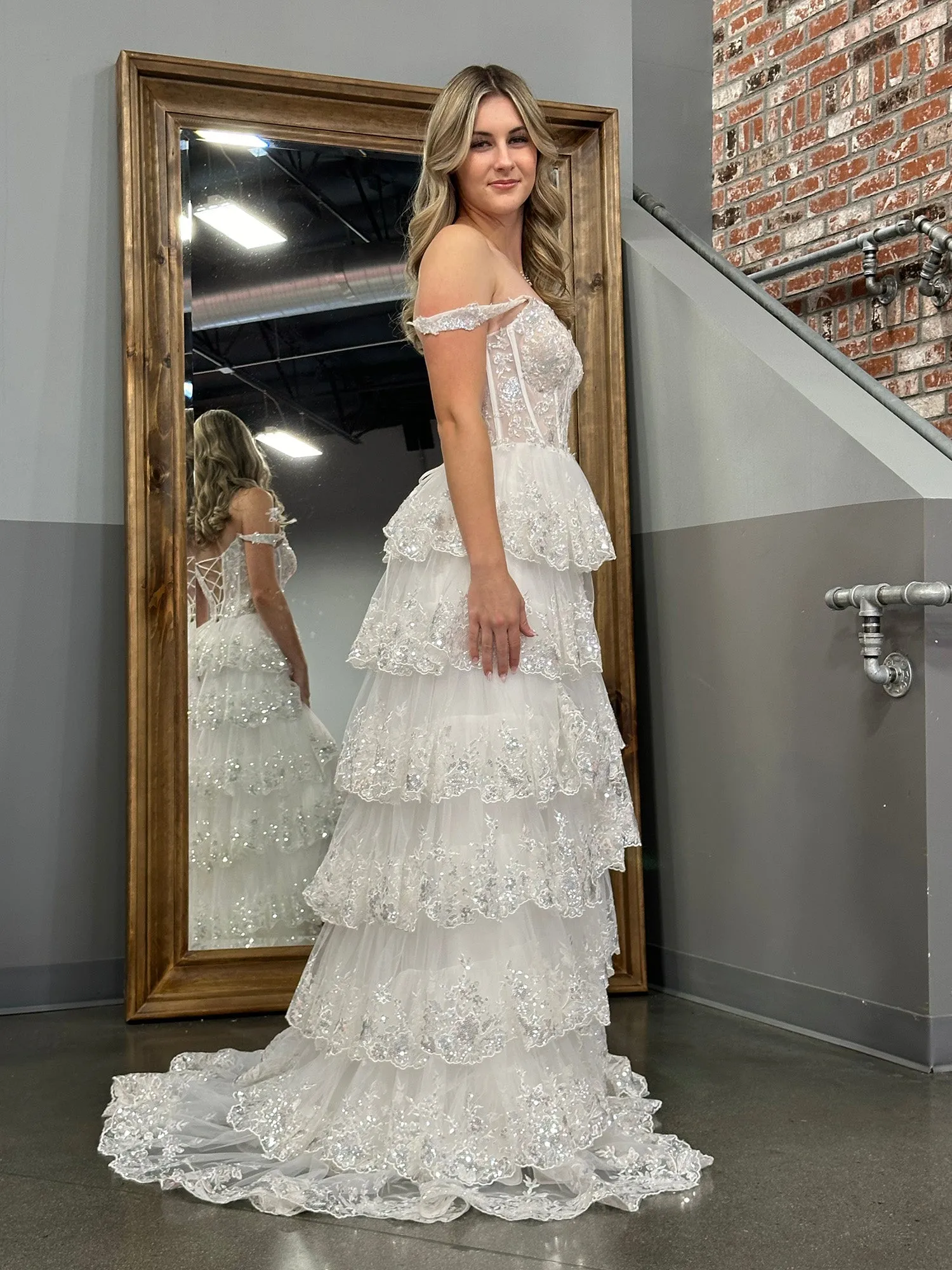 Roycebridal Princess A Line Off the Shoulder Corset Prom Dress with Lace Ruffles
